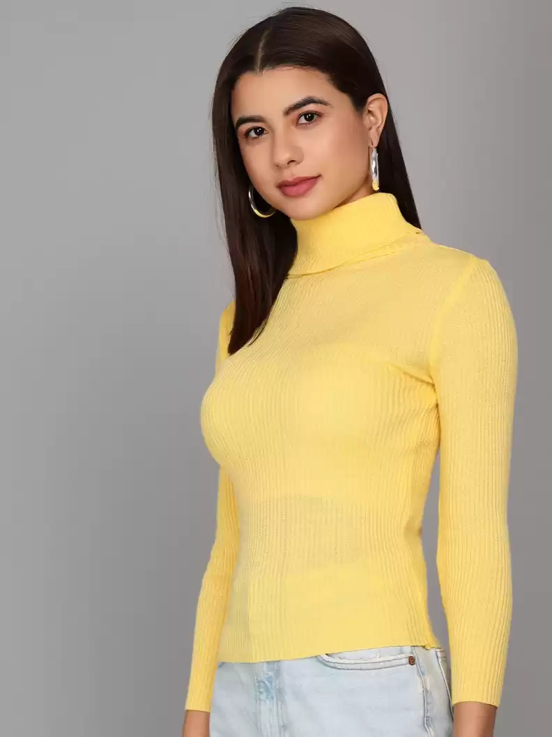 TANDUL  Self Design High Neck Casual Women Yellow Sweater