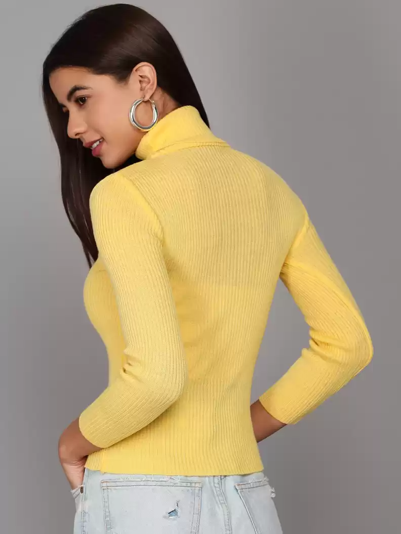 TANDUL  Self Design High Neck Casual Women Yellow Sweater