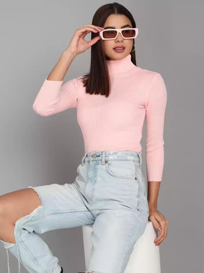 TANDUL  Self Design High Neck Casual Women Pink Sweater