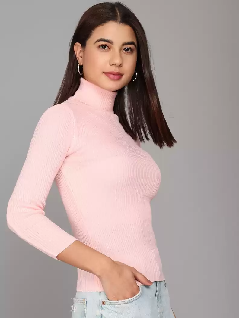 TANDUL  Self Design High Neck Casual Women Pink Sweater