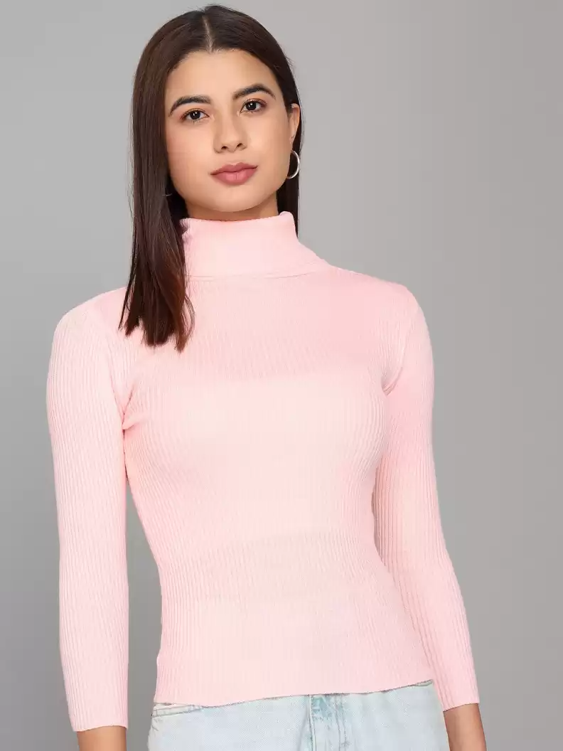 TANDUL  Self Design High Neck Casual Women Pink Sweater