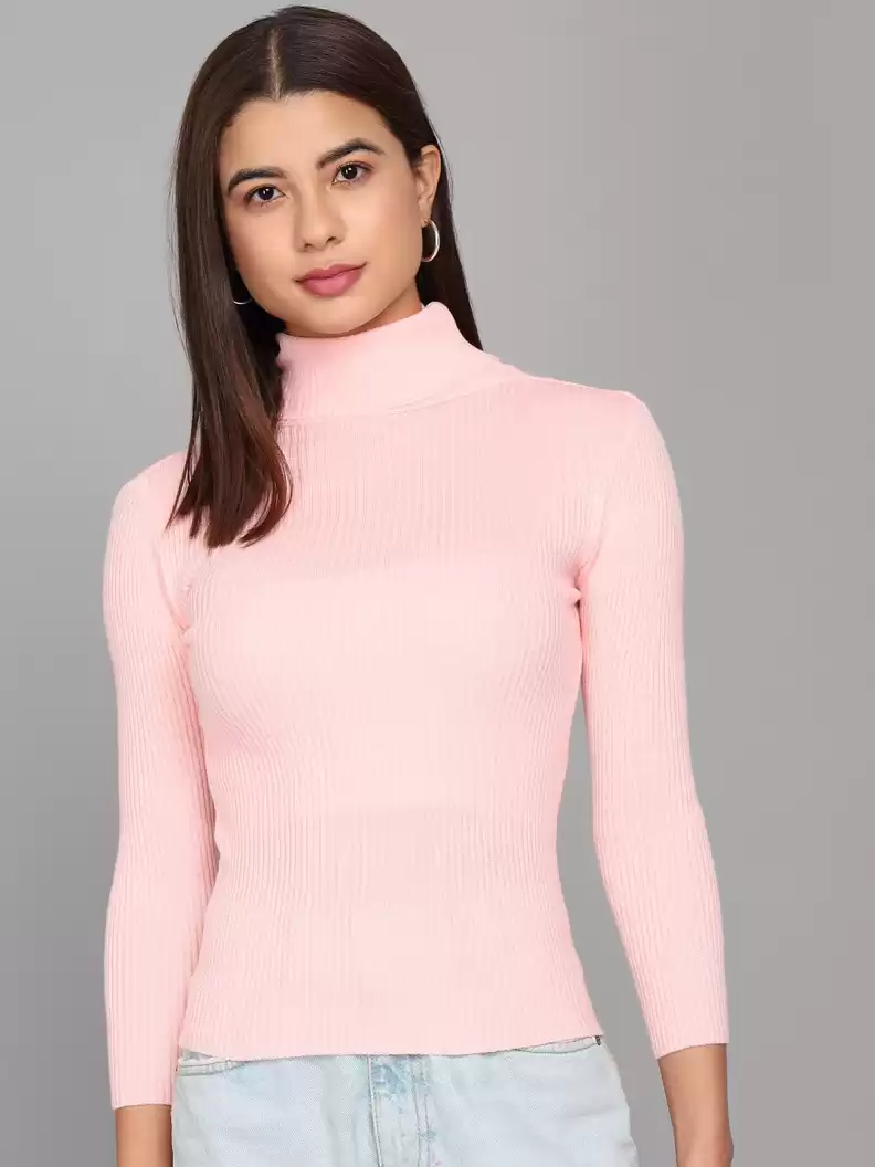 TANDUL  Self Design High Neck Casual Women Pink Sweater