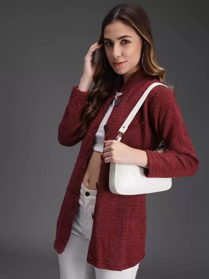 TANDUL  Woven High Neck Casual Women Maroon Sweater