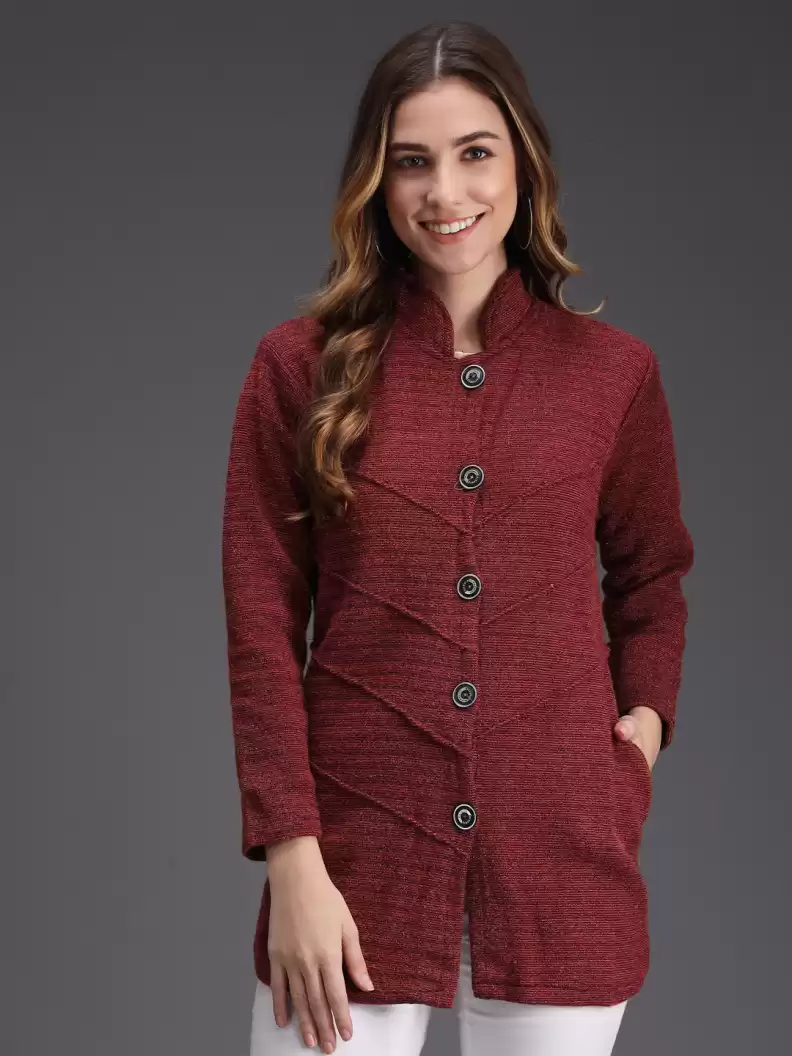 TANDUL  Woven High Neck Casual Women Maroon Sweater