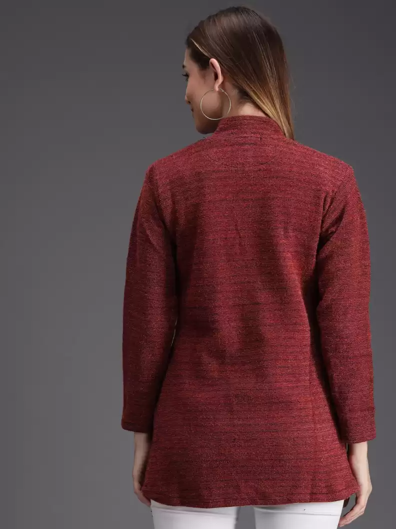 TANDUL  Woven High Neck Casual Women Maroon Sweater