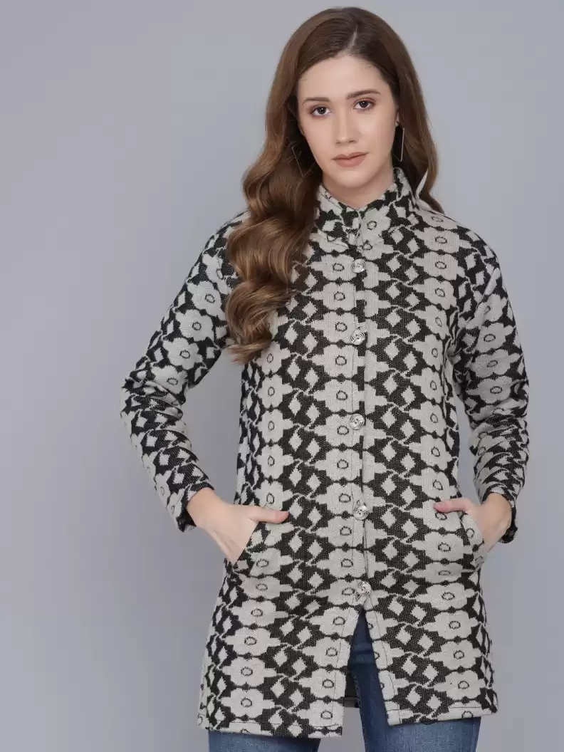 TANDUL  Printed Collared Neck Casual Women Black, Grey Sweater