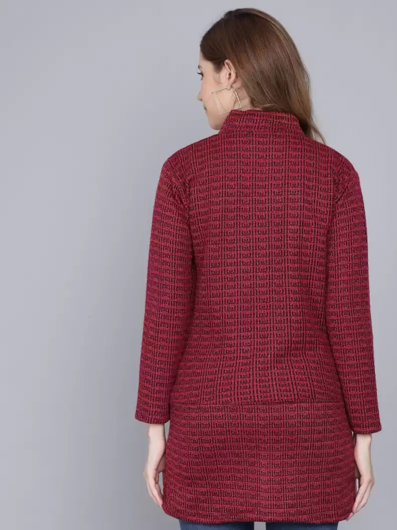 TANDUL  Printed Collared Neck Casual Women Maroon Sweater