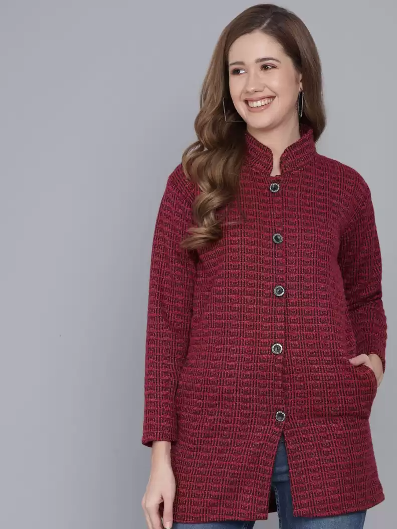 TANDUL  Printed Collared Neck Casual Women Maroon Sweater