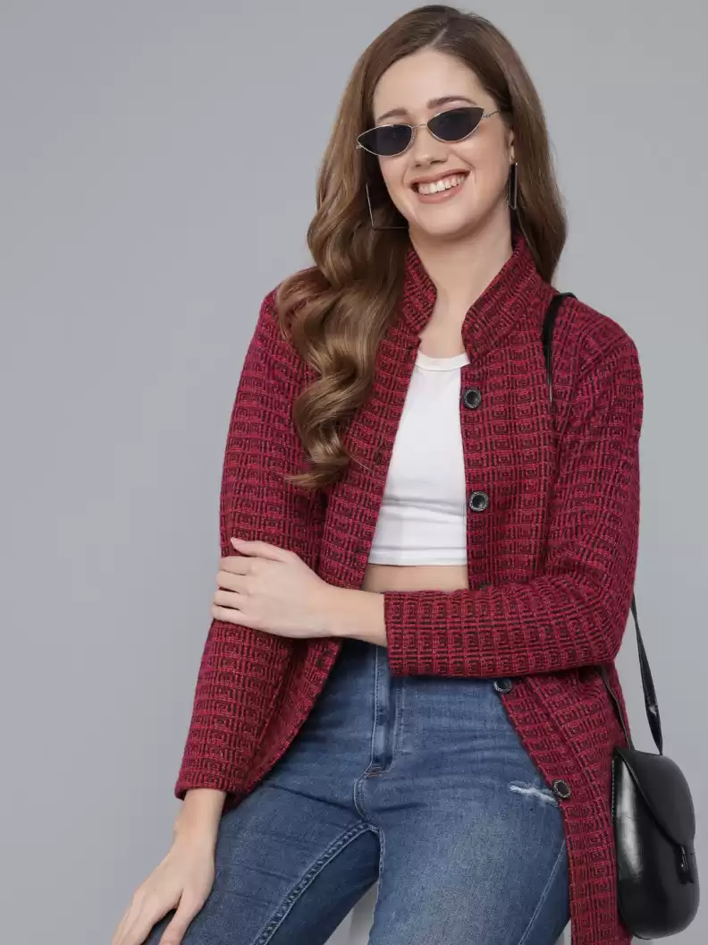 TANDUL  Printed Collared Neck Casual Women Maroon Sweater