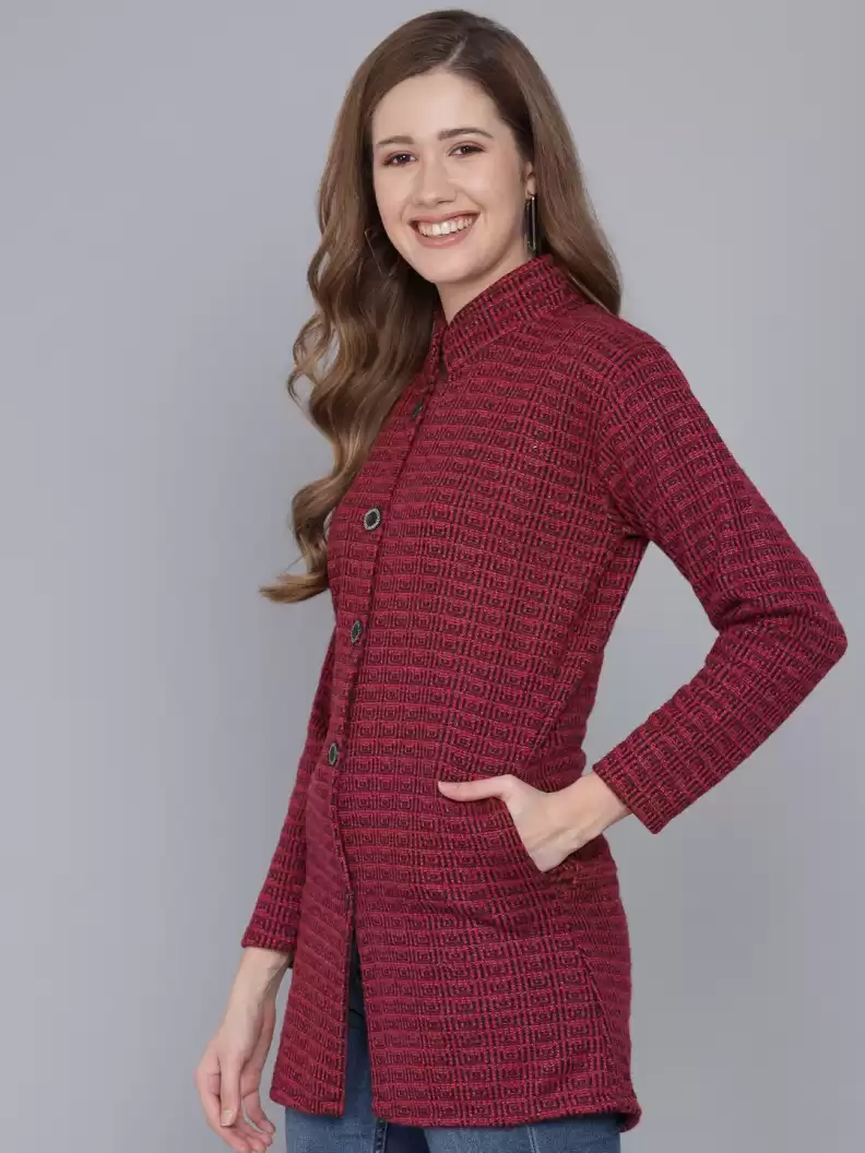 TANDUL  Printed Collared Neck Casual Women Maroon Sweater