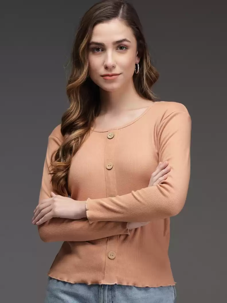 TANDUL  Casual Regular Sleeves Solid Women Beige Top