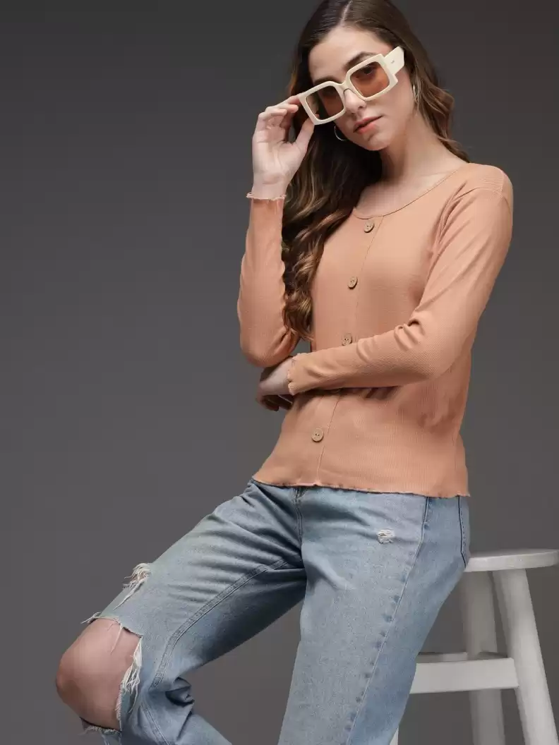 TANDUL  Casual Regular Sleeves Solid Women Beige Top