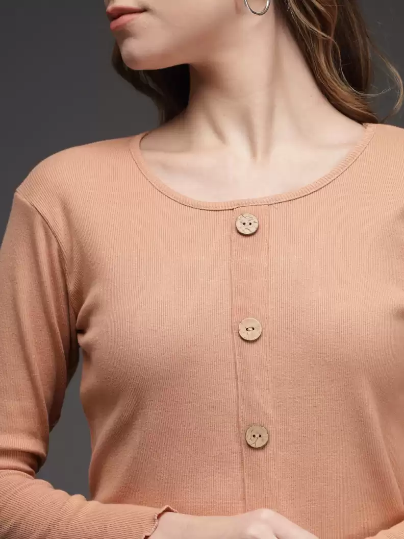 TANDUL  Casual Regular Sleeves Solid Women Beige Top