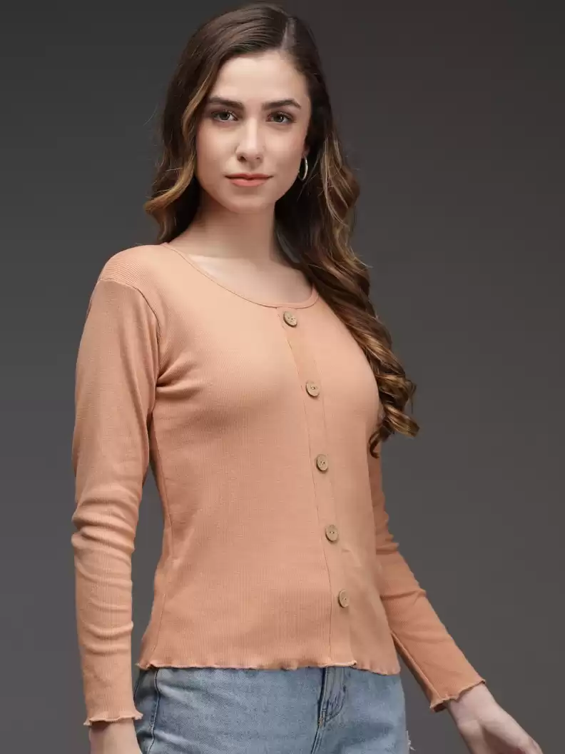 TANDUL  Casual Regular Sleeves Solid Women Beige Top