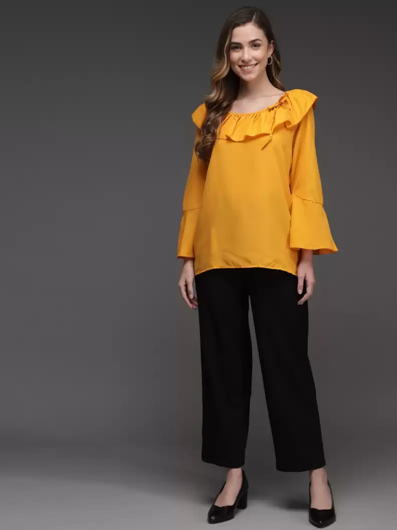 TANDUL  Party Bell Sleeves Solid Women Yellow Top
