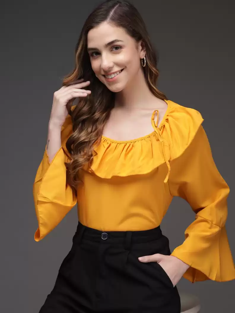 TANDUL  Party Bell Sleeves Solid Women Yellow Top
