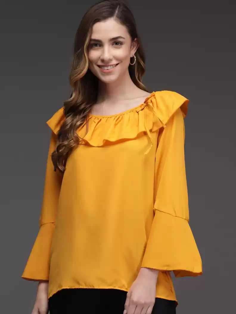 TANDUL  Party Bell Sleeves Solid Women Yellow Top