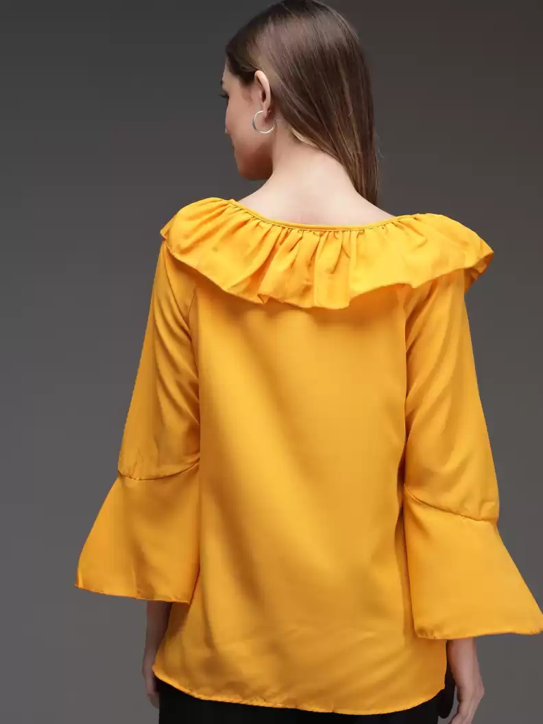 TANDUL  Party Bell Sleeves Solid Women Yellow Top