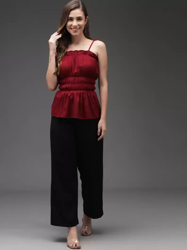 TANDUL  Casual Sleeveless Solid Women Maroon Top