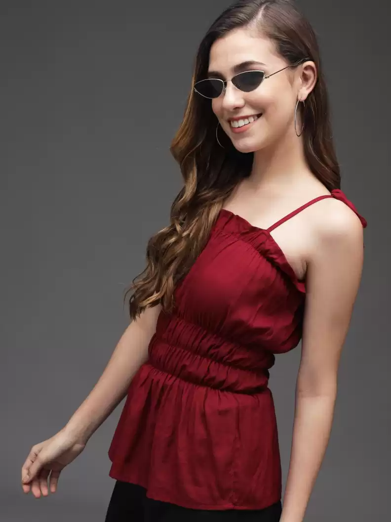 TANDUL  Casual Sleeveless Solid Women Maroon Top