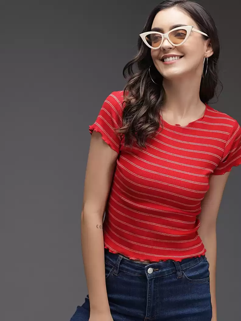 TANDUL  Casual Regular Sleeves Striped Women Red Top