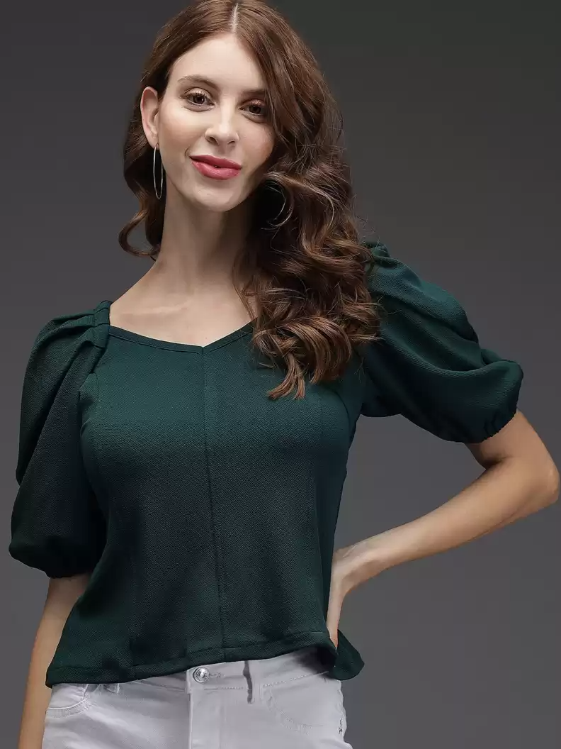 TANDUL  Casual Regular Sleeves Solid Women Green Top