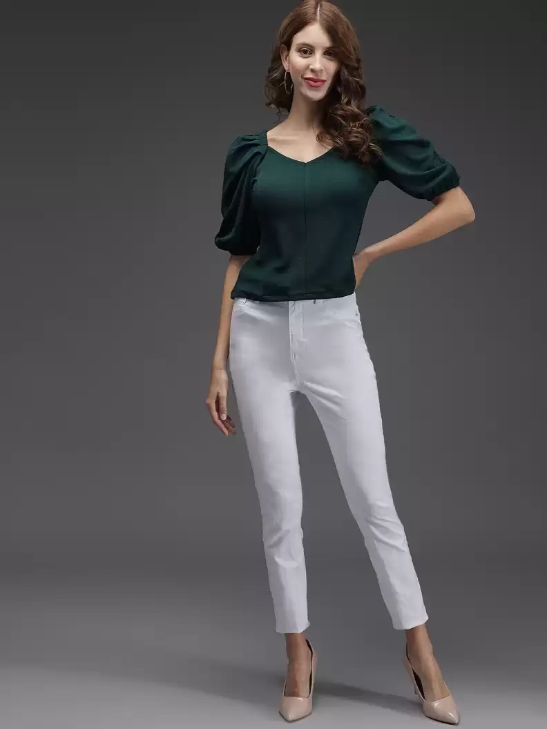 TANDUL  Casual Regular Sleeves Solid Women Green Top