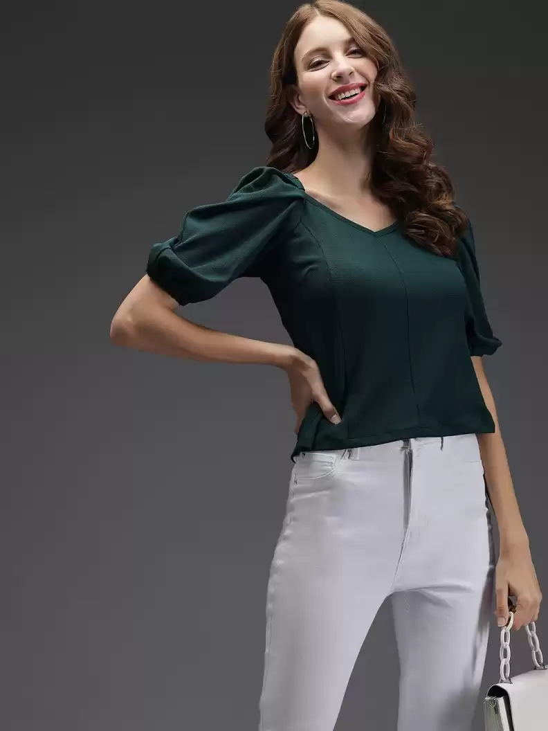 TANDUL  Casual Regular Sleeves Solid Women Green Top