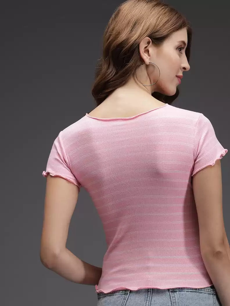 TANDUL  Casual Regular Sleeves Striped Women Pink Top