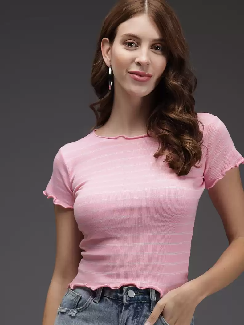 TANDUL  Casual Regular Sleeves Striped Women Pink Top