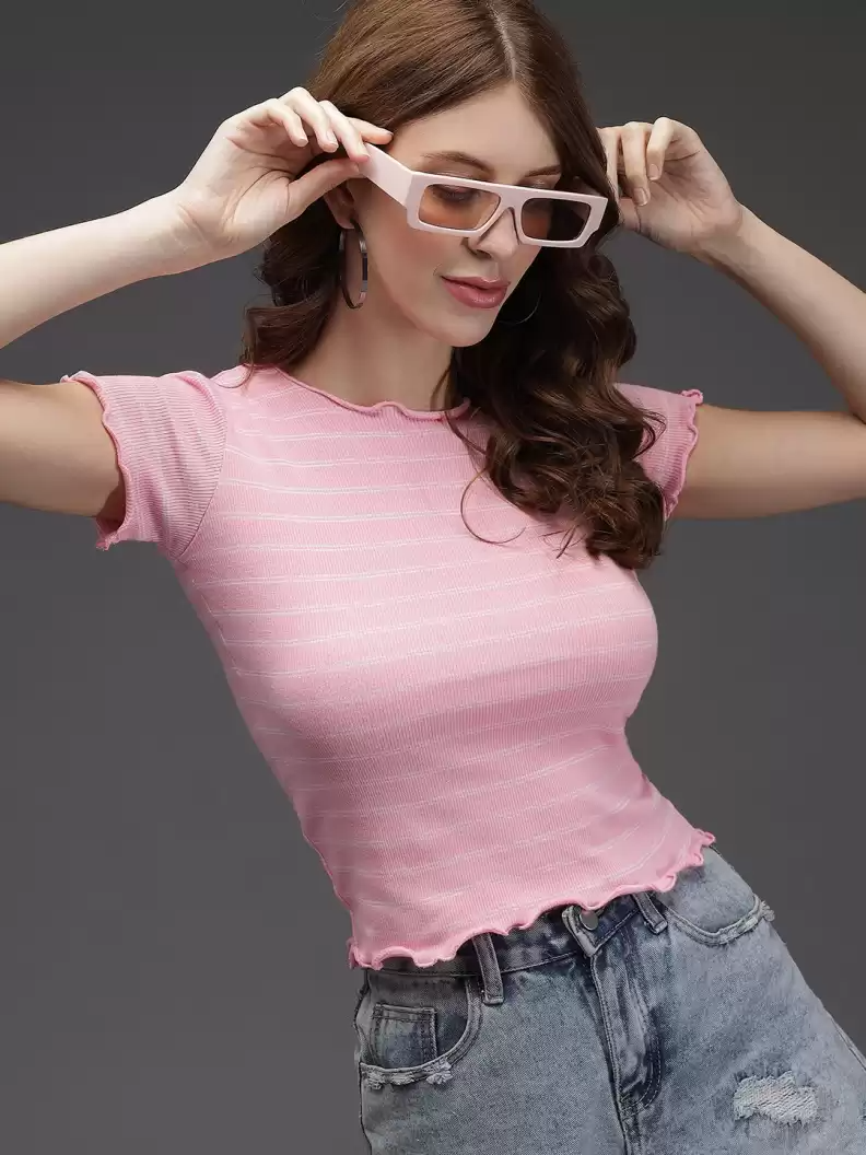 TANDUL  Casual Regular Sleeves Striped Women Pink Top