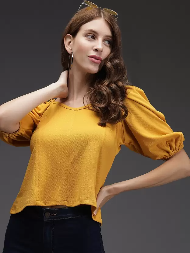 TANDUL  Casual Puff Sleeves Solid Women Yellow Top