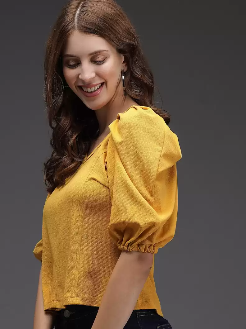 TANDUL  Casual Puff Sleeves Solid Women Yellow Top