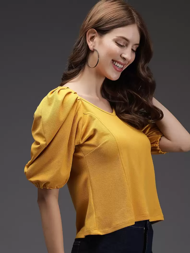 TANDUL  Casual Puff Sleeves Solid Women Yellow Top