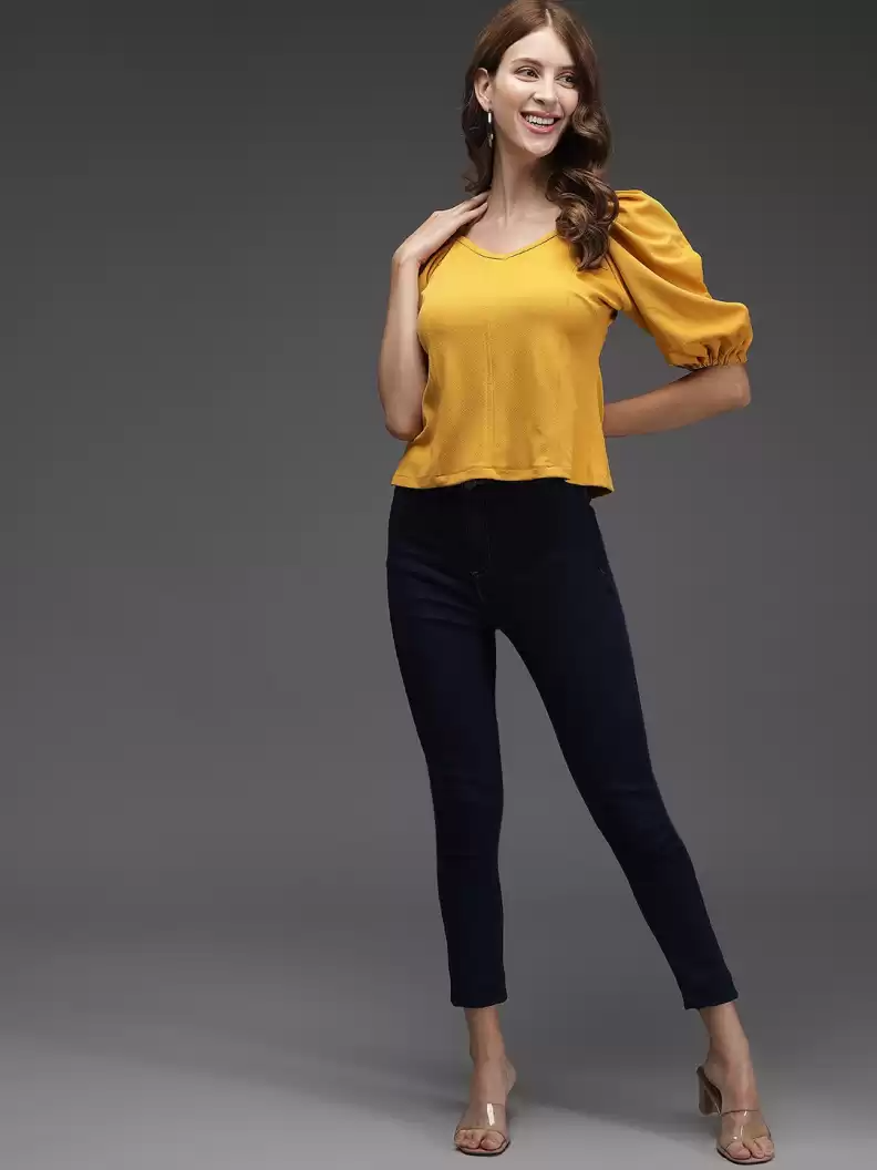 TANDUL  Casual Puff Sleeves Solid Women Yellow Top