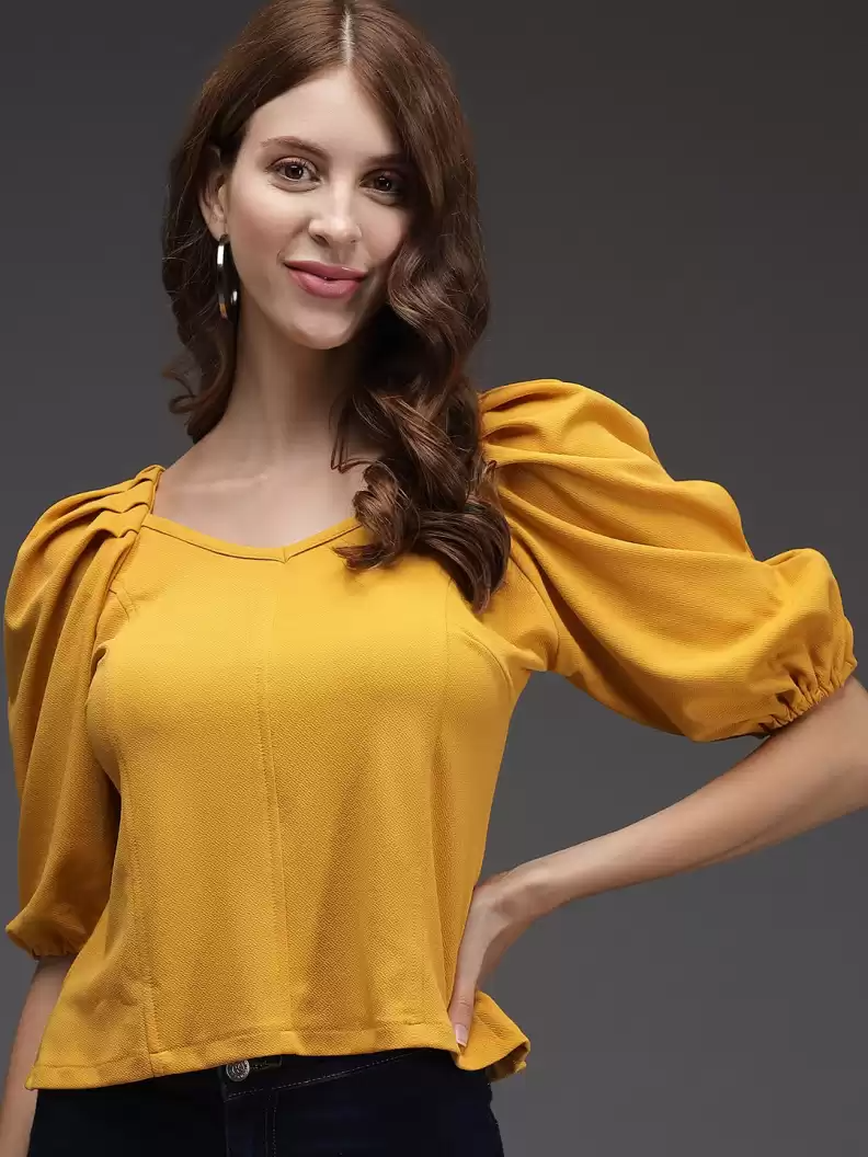 TANDUL  Casual Puff Sleeves Solid Women Yellow Top