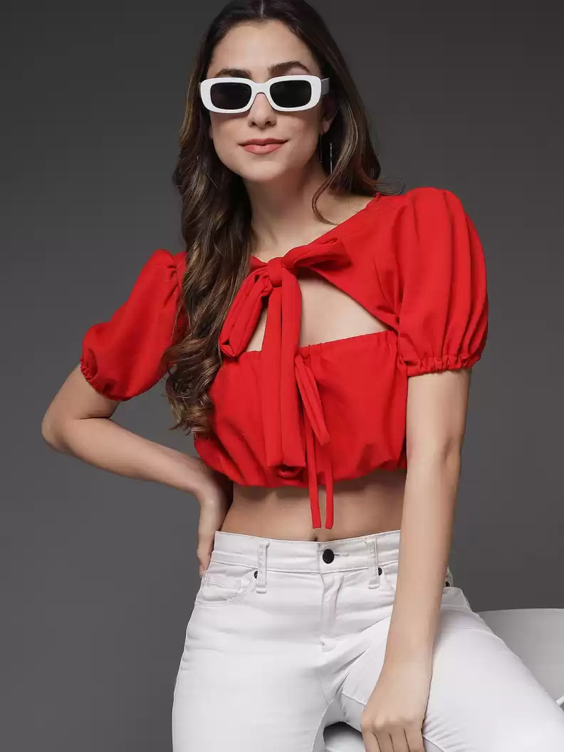 TANDUL  Casual Puff Sleeves Solid Women Red Top