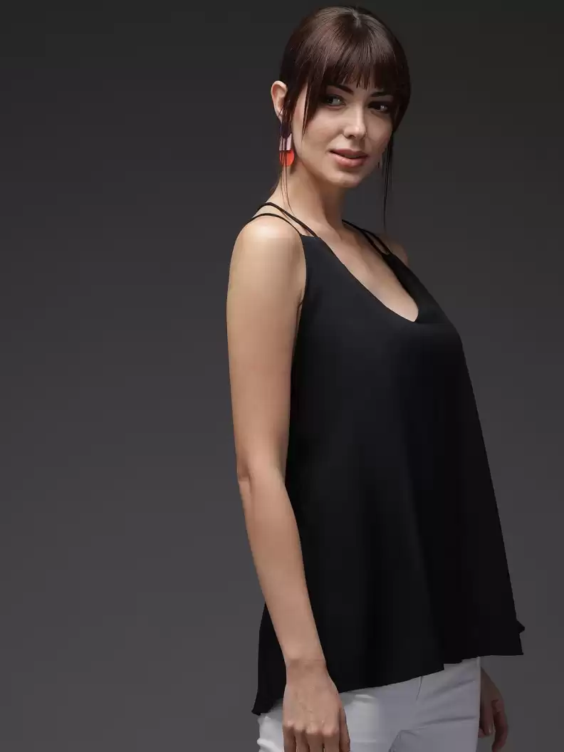 TANDUL  Casual Sleeveless Solid Women Black Top