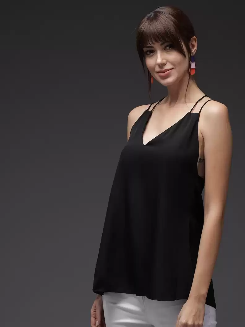 TANDUL  Casual Sleeveless Solid Women Black Top