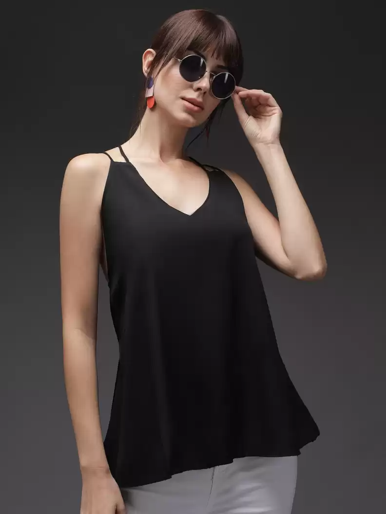 TANDUL  Casual Sleeveless Solid Women Black Top