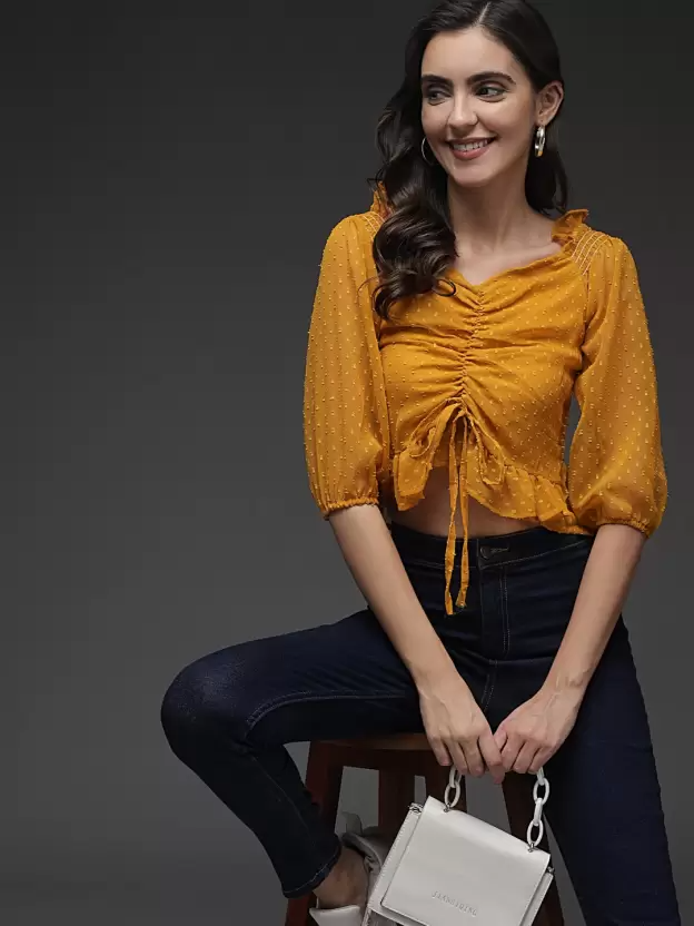 TANDUL  Casual Regular Sleeves Self Design Women Yellow Top