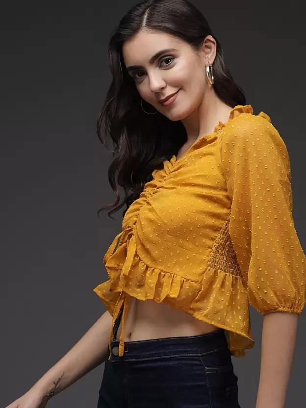 TANDUL  Casual Regular Sleeves Self Design Women Yellow Top