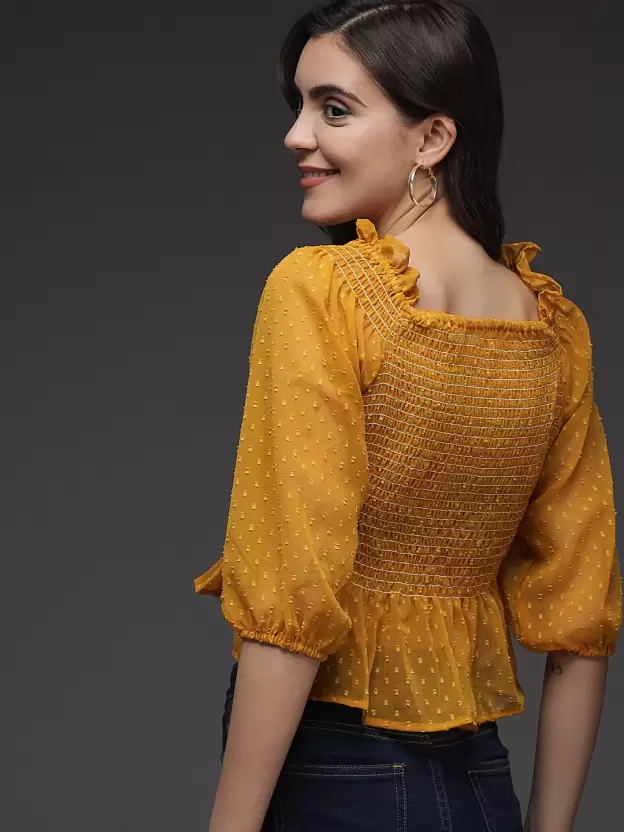 TANDUL  Casual Regular Sleeves Self Design Women Yellow Top