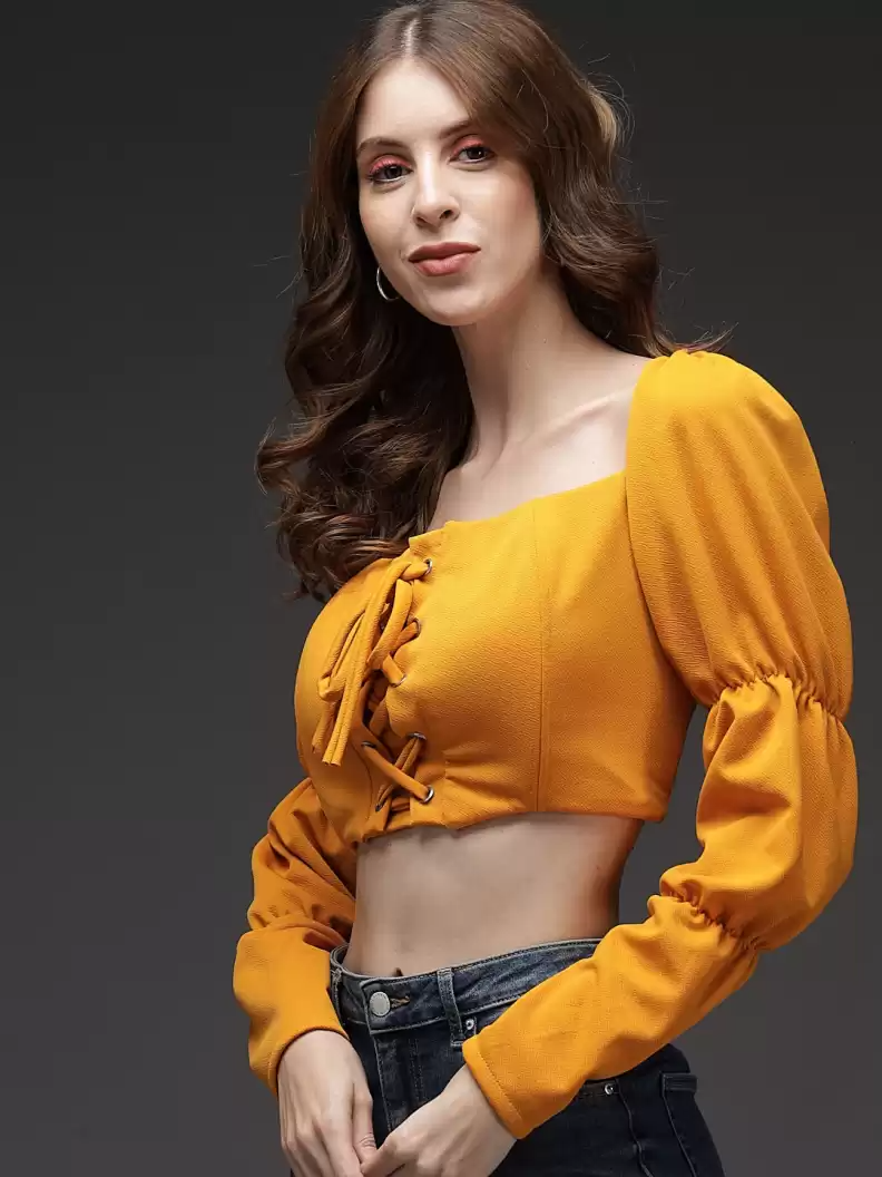 TANDUL  Casual Balloon Sleeve Solid Women Yellow Top