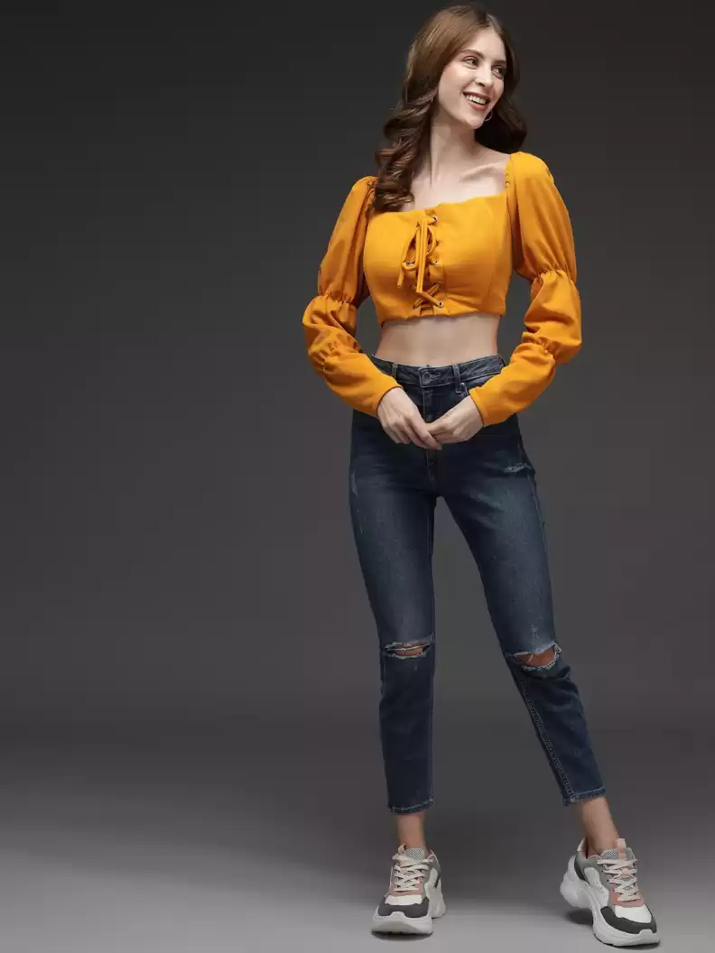 TANDUL  Casual Balloon Sleeve Solid Women Yellow Top