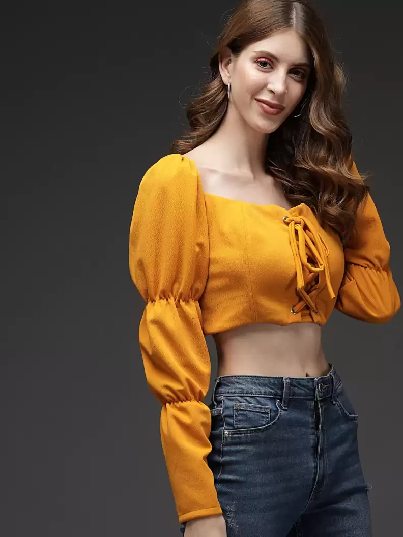 TANDUL  Casual Balloon Sleeve Solid Women Yellow Top