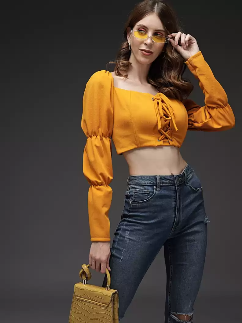 TANDUL  Casual Balloon Sleeve Solid Women Yellow Top