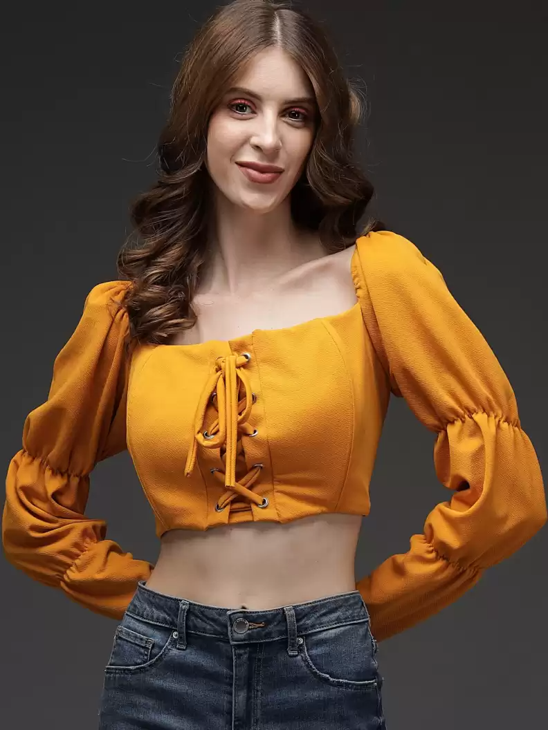 TANDUL  Casual Balloon Sleeve Solid Women Yellow Top