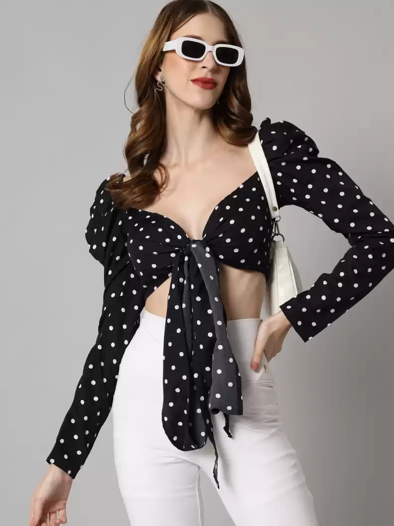 TANDUL  Casual Regular Sleeves Polka Print Women Black Top