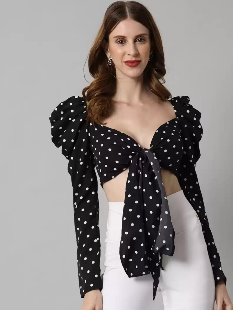 TANDUL  Casual Regular Sleeves Polka Print Women Black Top